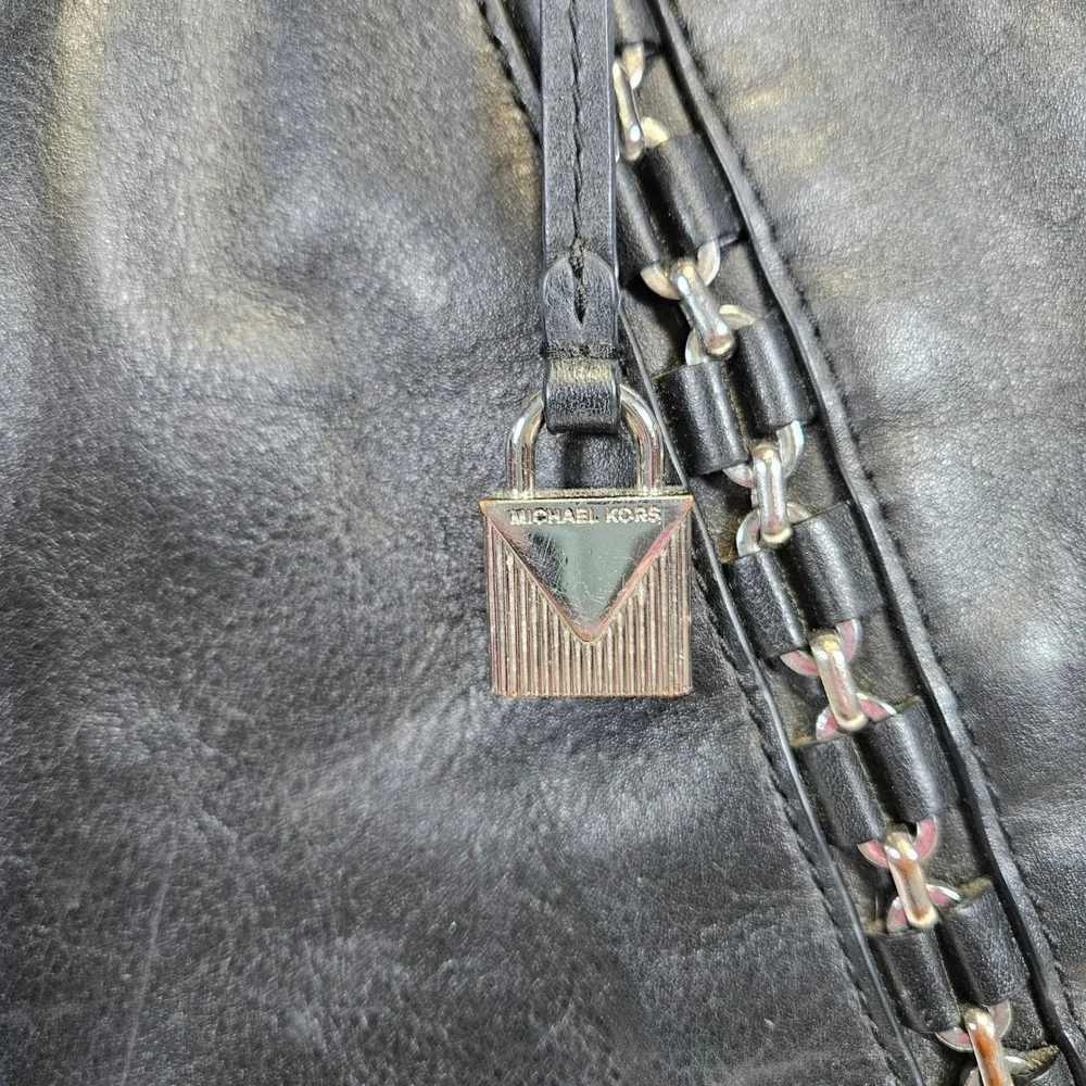 Michael Kors Black Leather Chain Trim Satchel‎ Crossbody Bag Silver Hardware